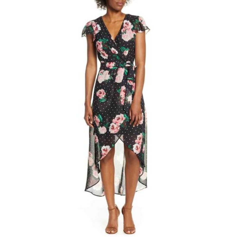Julia Jordan Faux Wrap Dress Black Dots Pink Floral High Low Chiffon Sz 16 NWT
